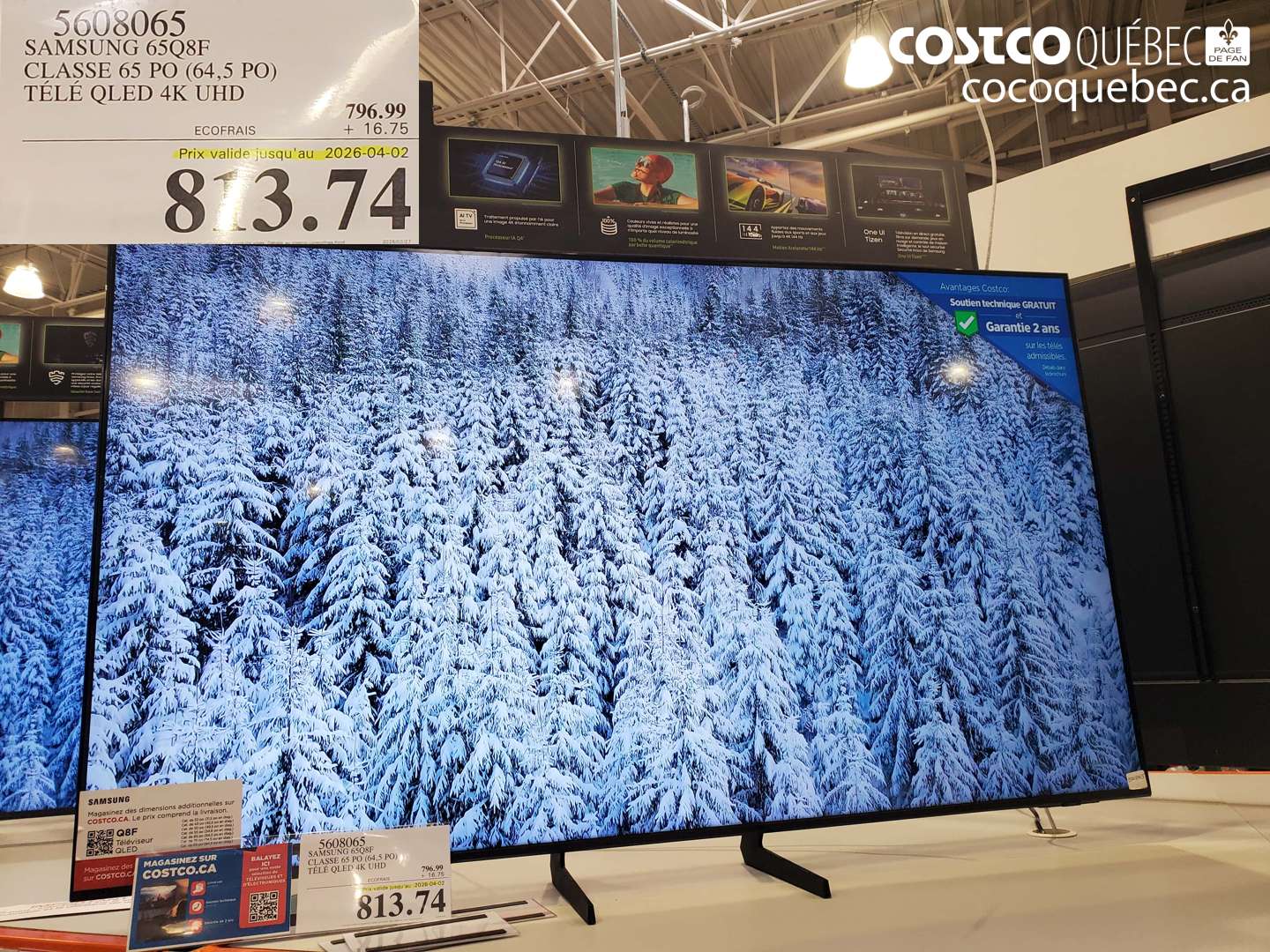 5608065 SAMSUNG 65Q8F CLASSE 65 PO (64,5 PO) TÉLÉ OLED 4K UHD (EXPIRES ON 2026-04-02) $813.74