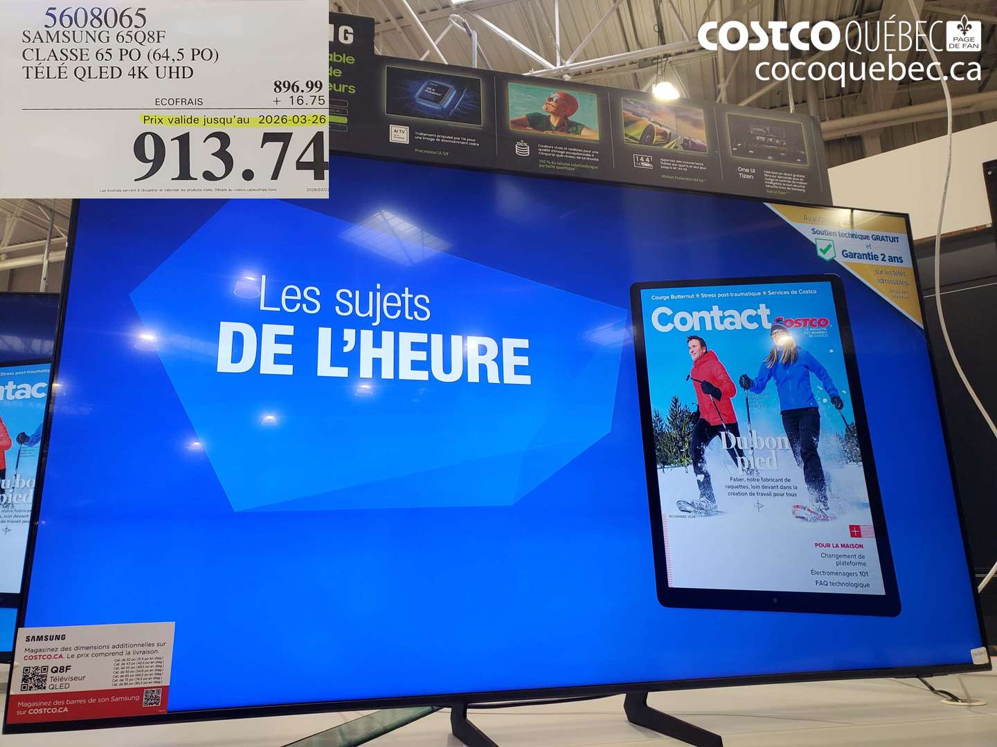 5608065 SAMSUNG 65Q8F CLASSE 65 PO (64,5 PO) TÉLÉ QLED 4K UHD (EXPIRES ON 2026-03-26) $913.74