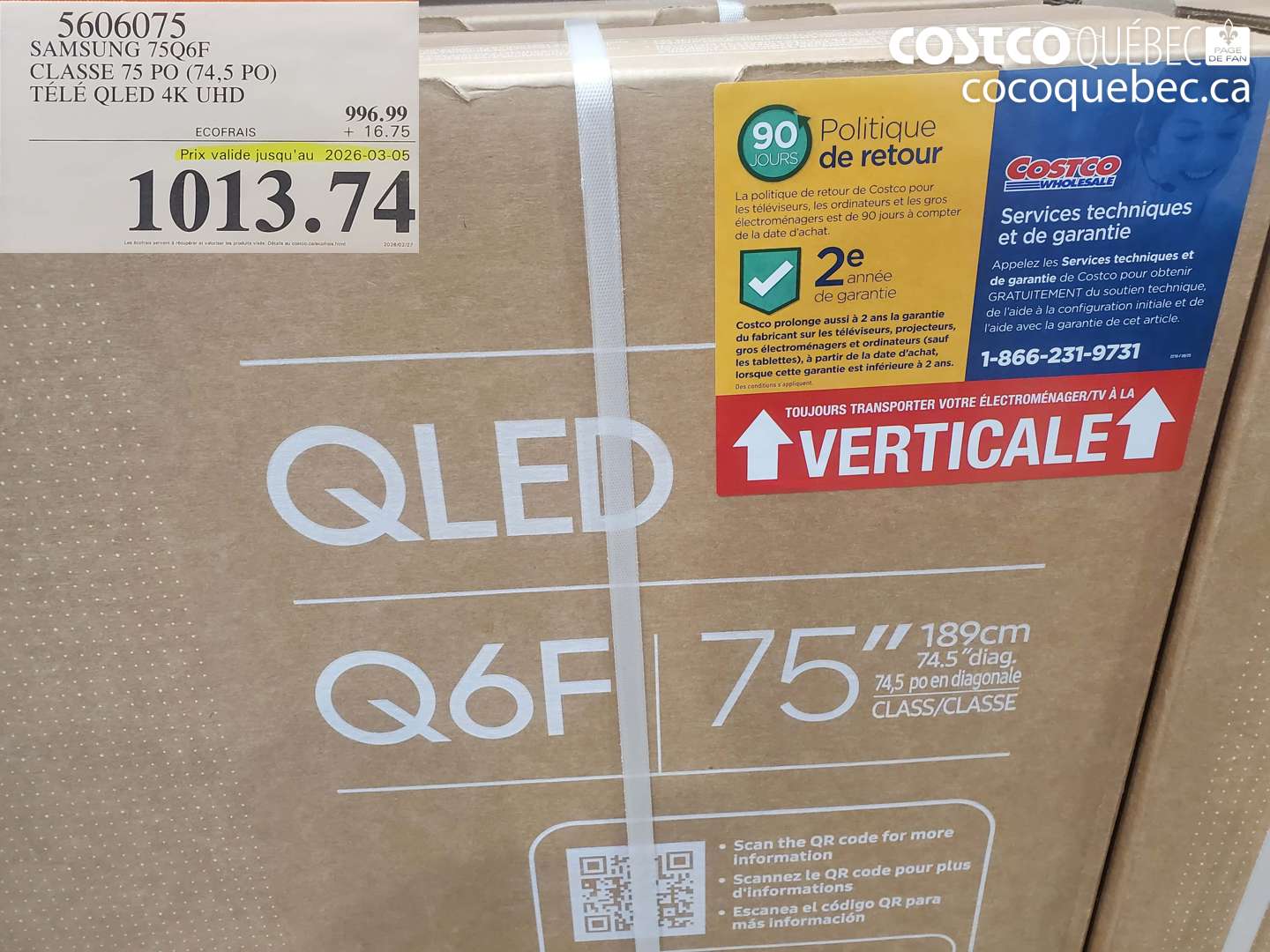 5606075 SAMSUNG 75Q6F CLASSE 75 PO (74,5 PO) TÉLÉ QLED 4K UHD (EXPIRES ON 2026-03-05) $1013.74