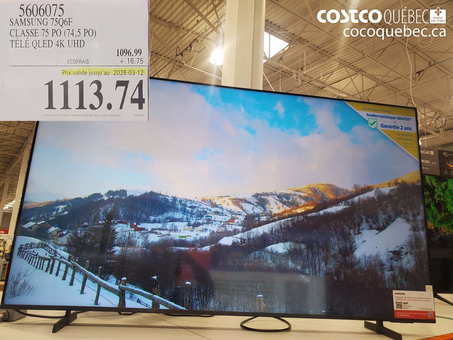 5606075 SAMSUNG 75Q6F CLASSE 75 PO (74,5 PO) TÉLÉ QLED 4K UHD (EXPIRES ON 2026-03-12) $1113.74