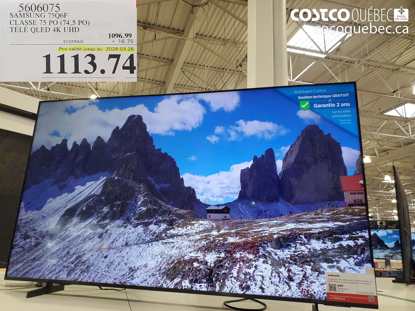 5606075 SAMSUNG 75Q6F CLASSE 75 PO (74,5 PO) TÉLÉ QLED 4K UHD (EXPIRES ON 2026-03-26) $1113.74