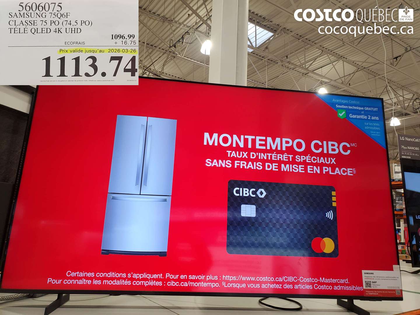 5606075 SAMSUNG 75Q6F CLASSE 75 PO (74,5 PO) TÉLÉ QLED 4K UHD (EXPIRES ON 2026-03-26) $1096.99