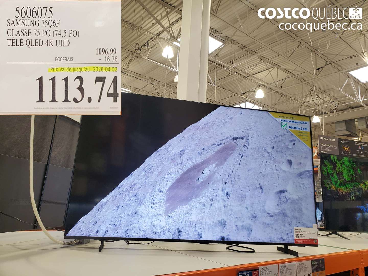 5606075 SAMSUNG 75Q6F CLASSE 75 PO (74,5 PO) TELE QLED 4K UHD (EXPIRES ON 2026-04-02) $1113.74