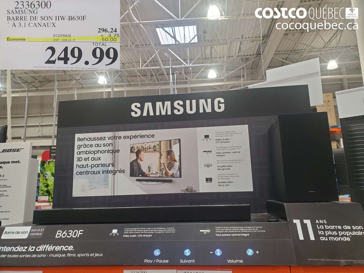 2336300 SAMSUNG BARRE DE SON HW-B630F À 3.1 CANAUX ($50.00 INSTANT SAVINGS EXPIRES ON 2026-03-15) $249.99