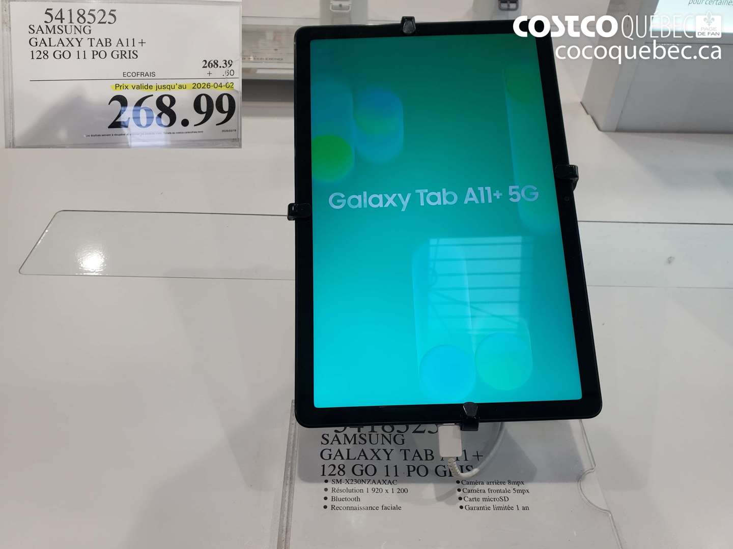 5418525 SAMSUNG GALAXY TAB A11+ 128 GO 11 PO GRIS (EXPIRES ON 2026-04-02) $268.99