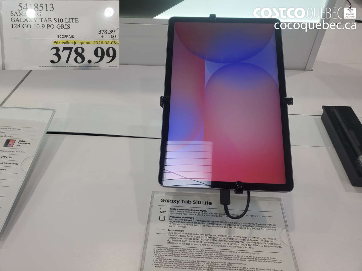 5418513 SAMSUNG GALAXY TAB S10 LITE 128 GO 10.9 PO GRIS (EXPIRES ON 2026-03-05) $378.99