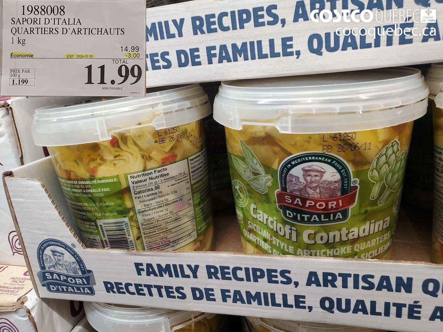 1988008 SAPORI D'ITALIA QUARTIERS D'ARTICHAUTS ($3.00 INSTANT SAVINGS EXPIRES ON 2026-03-29) $11.99