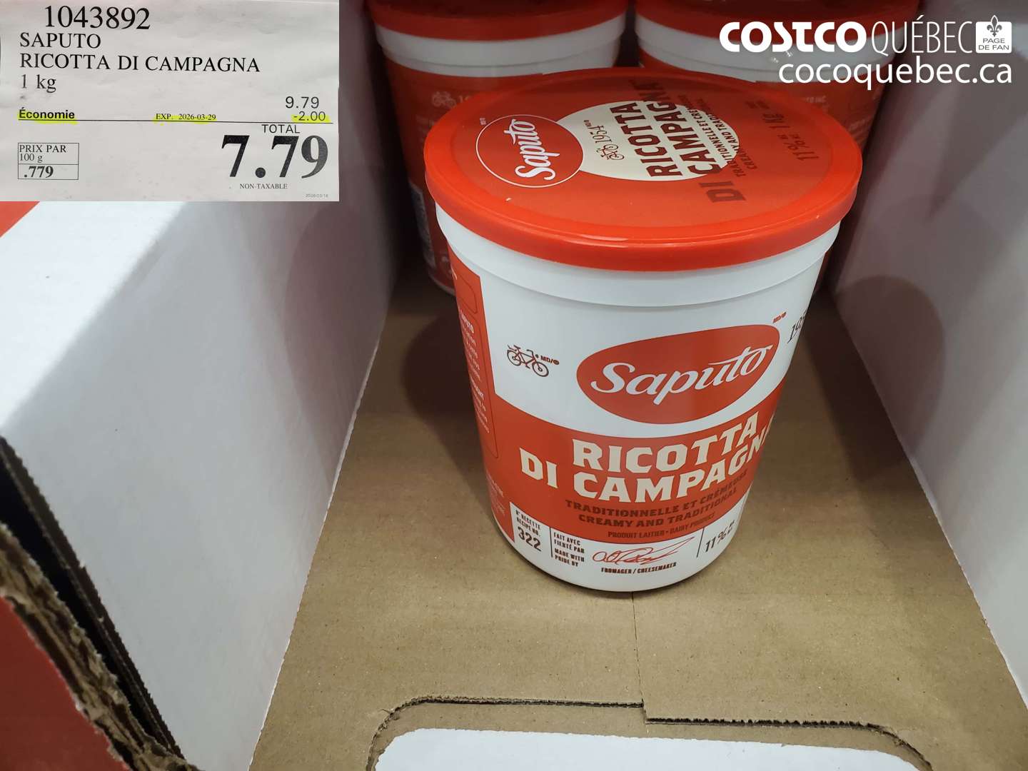 1043892 SAPUTO RICOTTA DI CAMPAGNA 1 KG ($2.00 INSTANT SAVINGS EXPIRES ON 2026-03-29) $7.79