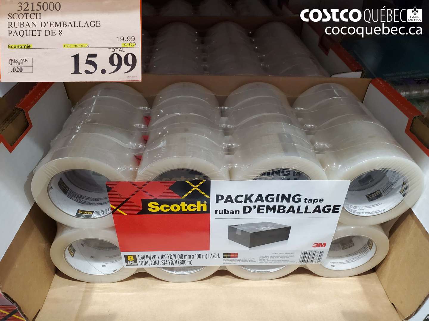 3215000 SCOTCH RUBAN D'EMBALLAGE PAQUET DE 8 ($4.00 INSTANT SAVINGS EXPIRES ON 2026-03-29) $15.99
