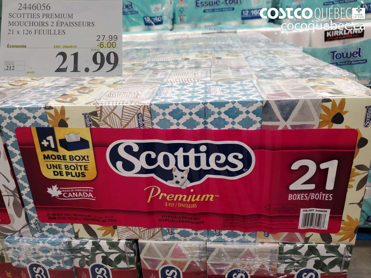 2446056 SCOTTIES PREMIUM MOUCHOIRS 2 ÉPAISSEURS 21 X 126 FEUILLES ($6.00 INSTANT SAVINGS EXPIRES ON 2026-03-29) $21.99