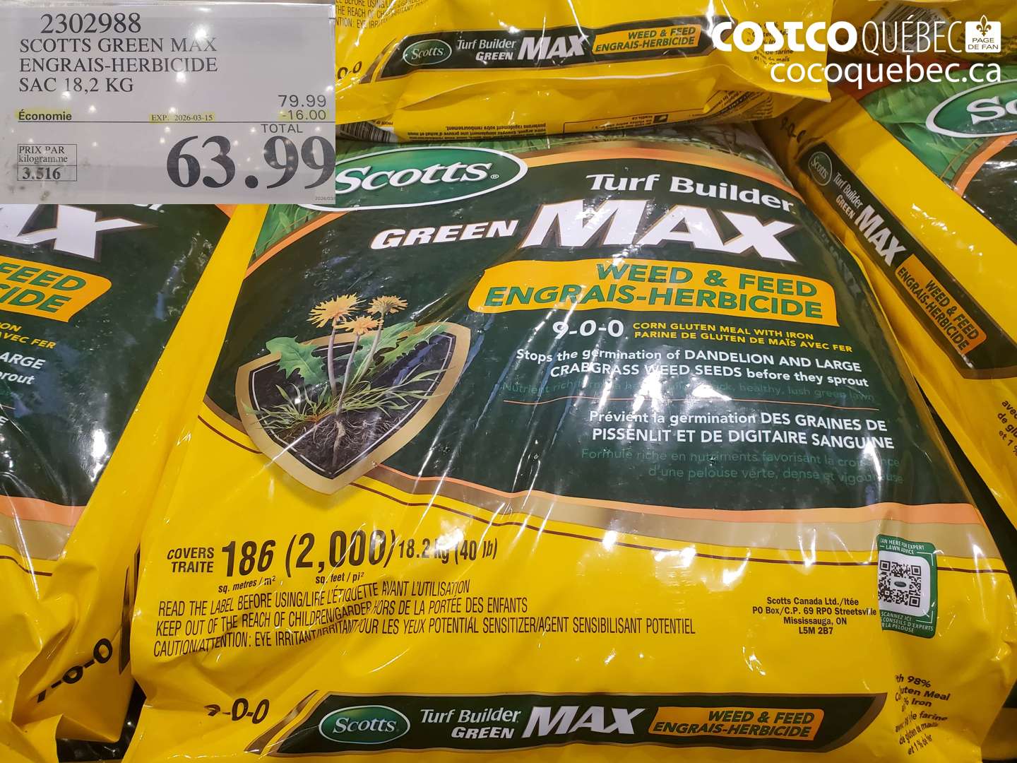 2302988 SCOTTS GREEN MAX ENGRAIS-HERBICIDE SAC 18,2 KG ($16.00 INSTANT SAVINGS EXPIRES ON 2026-03-15) $63.99
