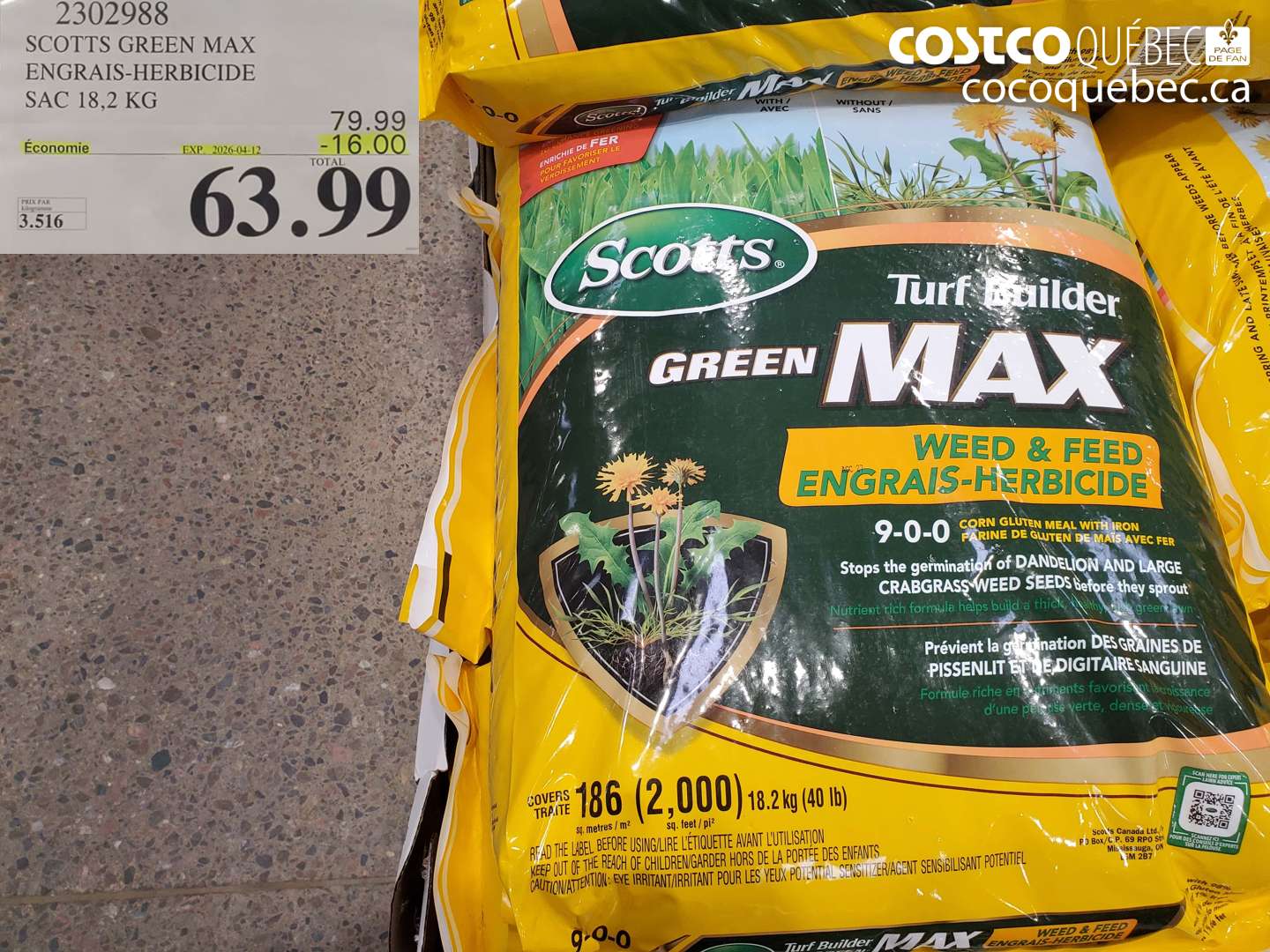 2302988 SCOTTS GREEN MAX ENGRAIS-HERBICIDE SAC 18,2 KG ($16.00 INSTANT SAVINGS EXPIRES ON 2026-04-12) $63.99