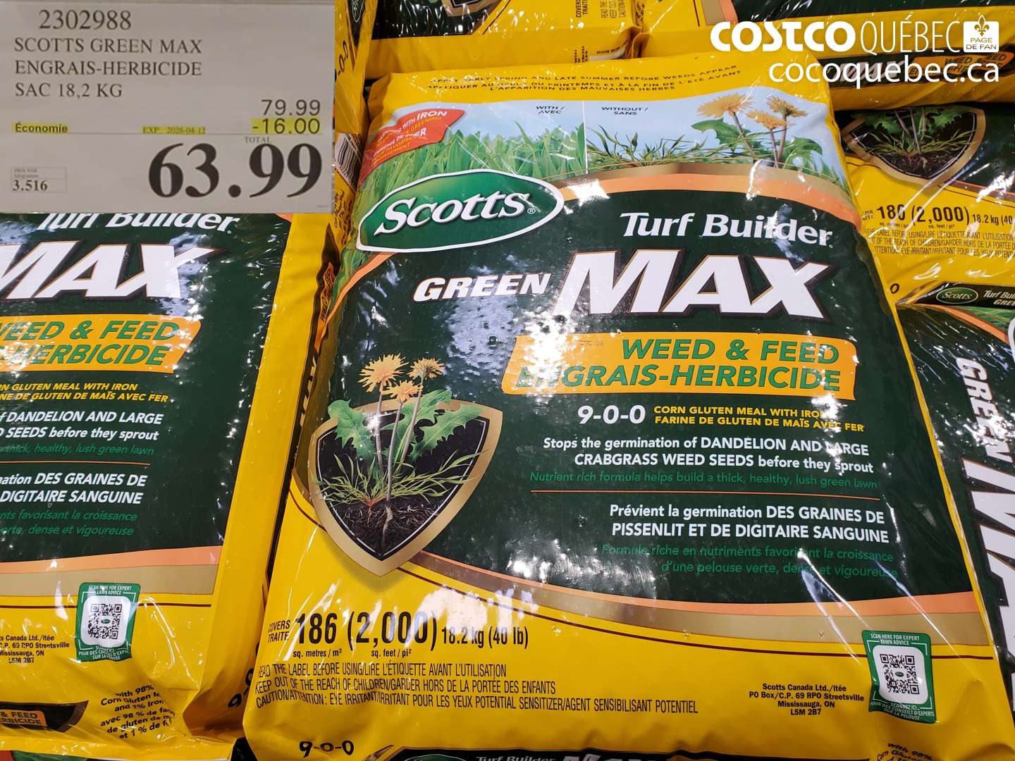 2302988 SCOTTS GREEN MAX ENGRAIS-HERBICIDE SAC 18,2 KG ($16.00 INSTANT SAVINGS EXPIRES ON 2026-04-12) $63.99