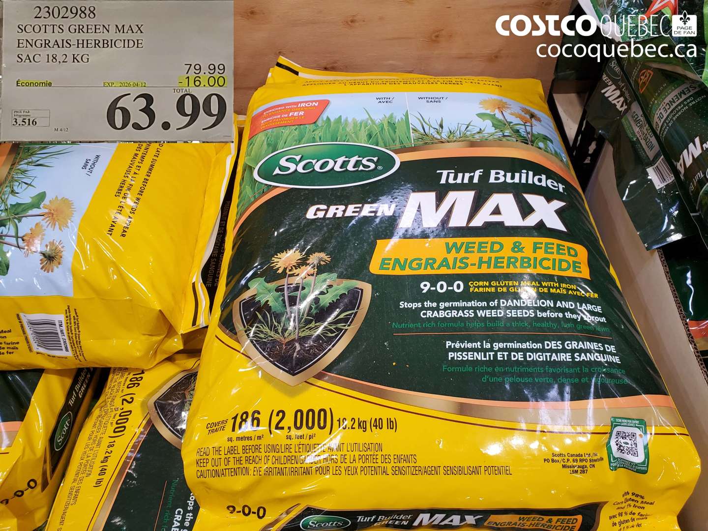2302988 SCOTTS GREEN MAX ENGRAIS-HERBICIDE SAC 18,2 KG ($16.00 INSTANT SAVINGS EXPIRES ON 2026-04-12) $63.99