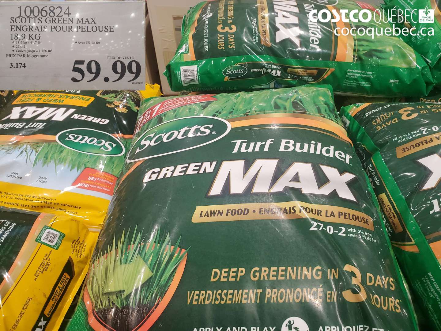 1006824 SCOTTS GREEN MAX ENGRAIS POUR PELOUSE $59.99