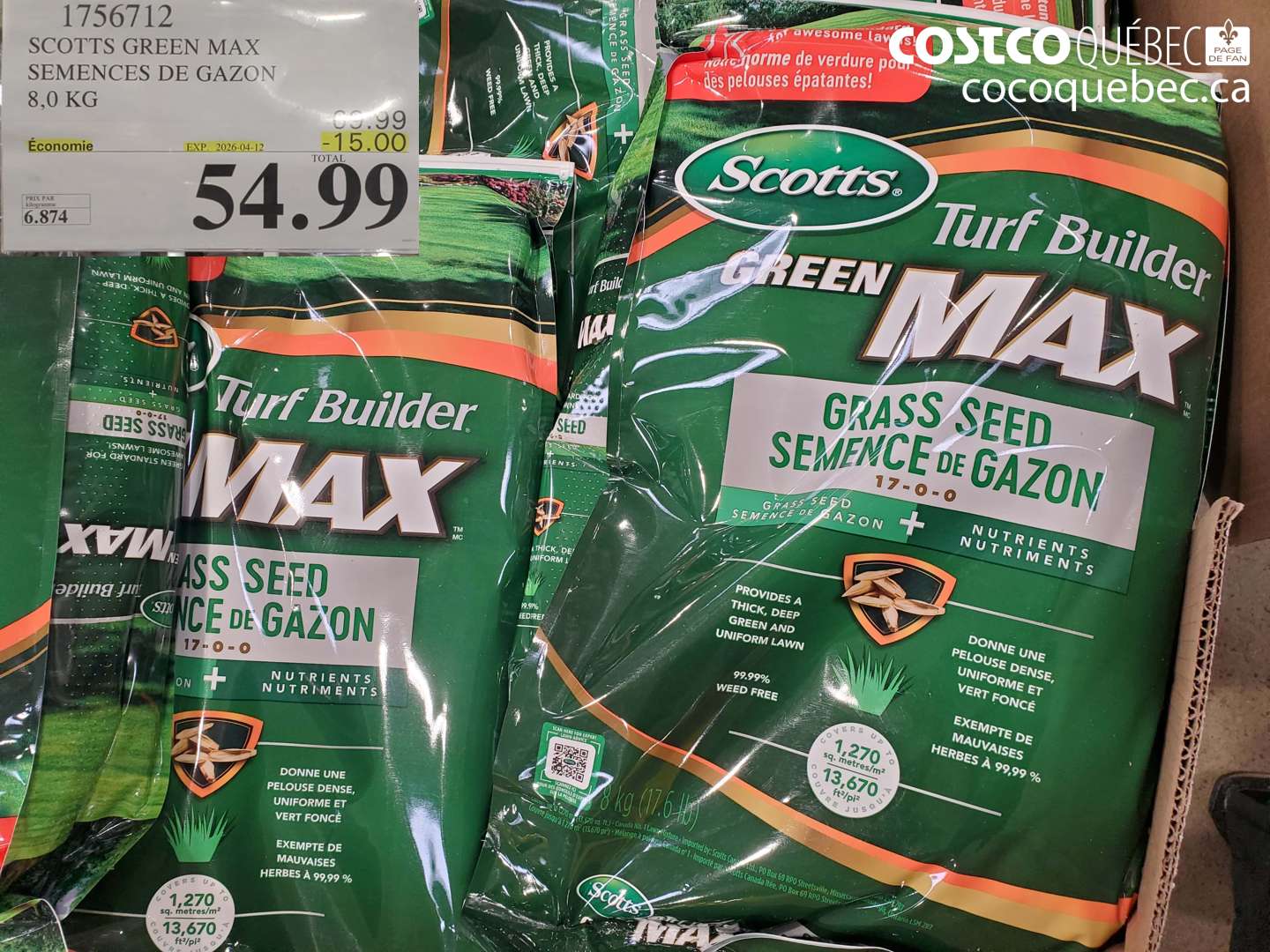 1756712 SCOTTS GREEN MAX SEMENCES DE GAZON 8,0 KG ($15.00 INSTANT SAVINGS EXPIRES ON 2026-04-12) $54.99