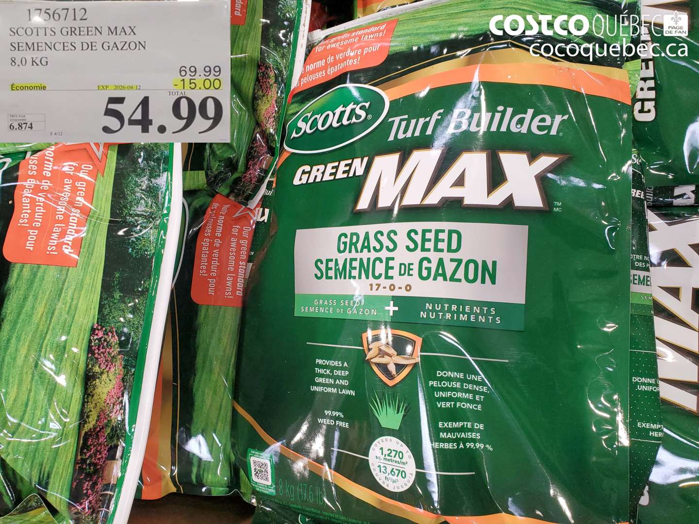 1756712 SCOTTS GREEN MAX SEMENCES DE GAZON 8,0 KG ($15.00 INSTANT SAVINGS EXPIRES ON 2026-04-12) $54.99
