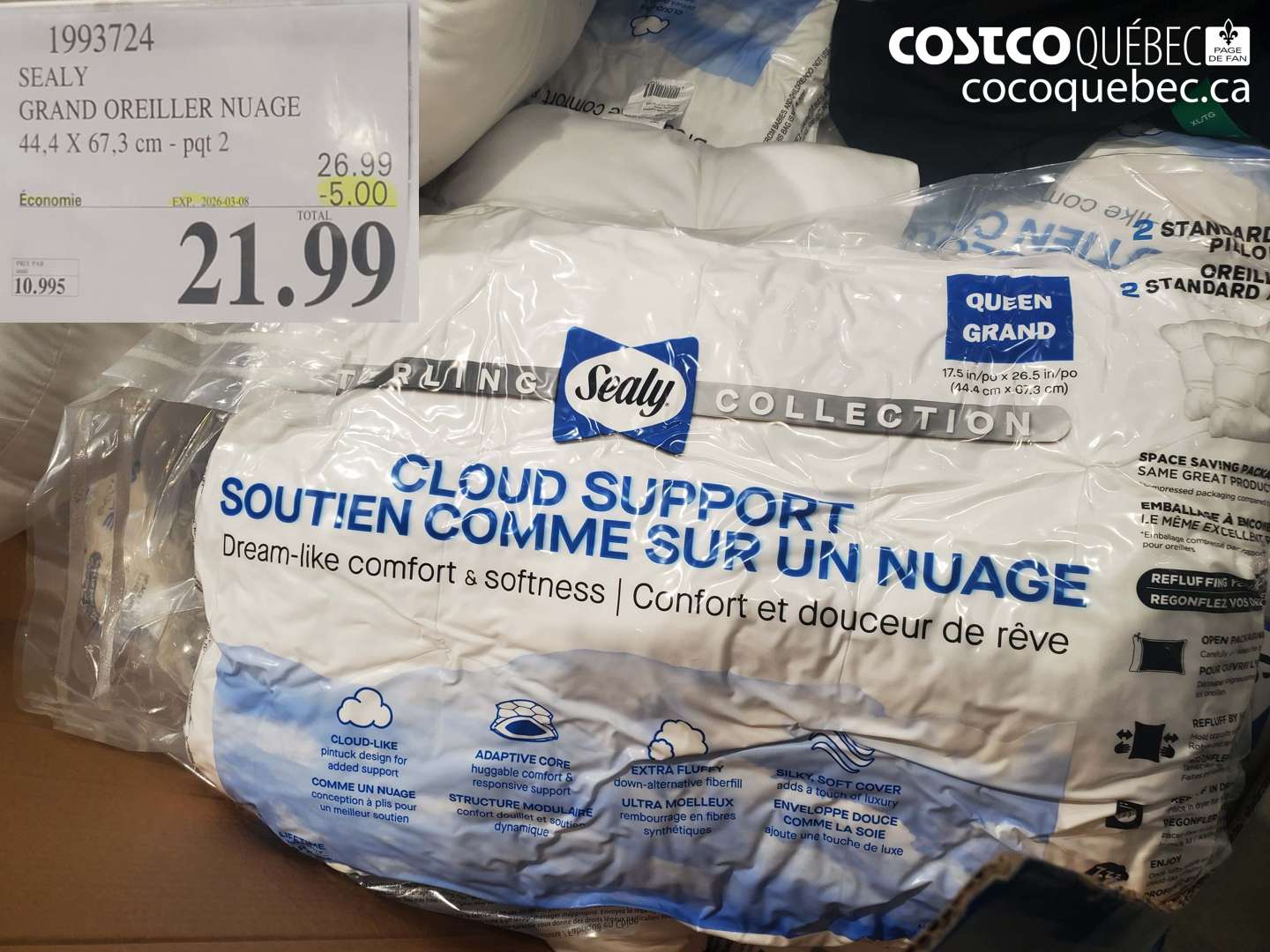 1993724 SEALY GRAND OREILLER NUAGE 44,4 X 67,3 CM ($5.00 INSTANT SAVINGS EXPIRES ON 2026-03-08) $21.99