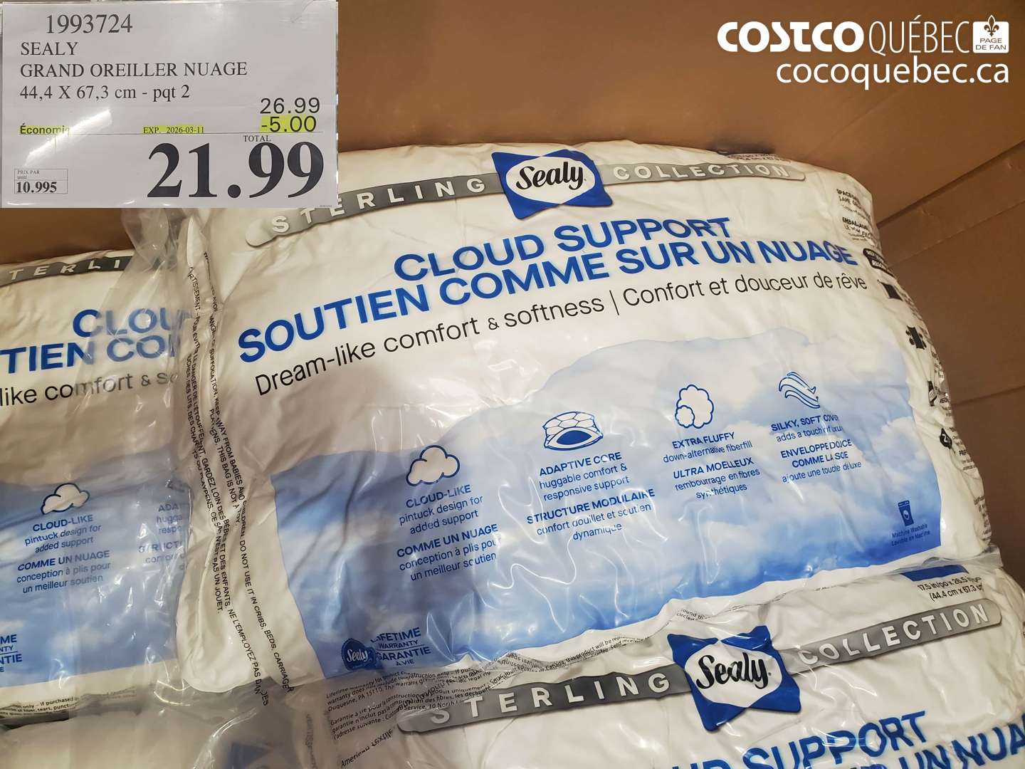 1993724 SEALY GRAND OREILLER NUAGE 44,4 X 67,3 CM - PAT 2 ($5.00 INSTANT SAVINGS EXPIRES ON 2026-03-11) $21.99