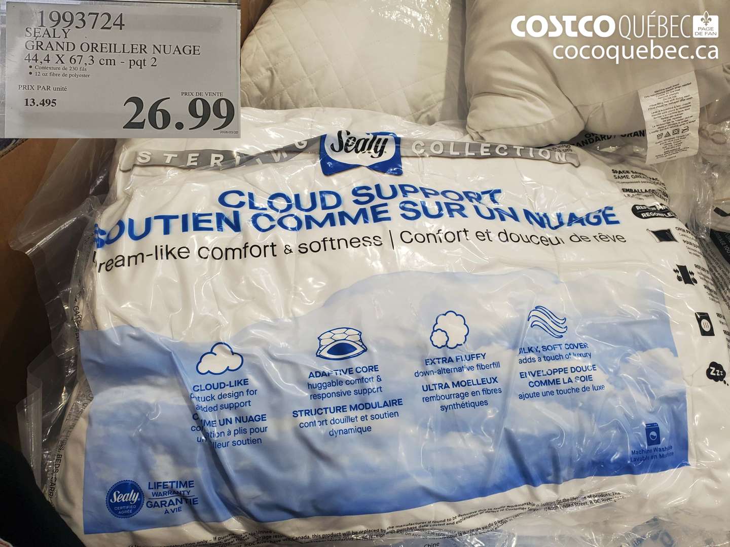 1993724 SEALY GRAND OREILLER NUAGE 44,4 X 67,3 CM - PQT 2 $26.99