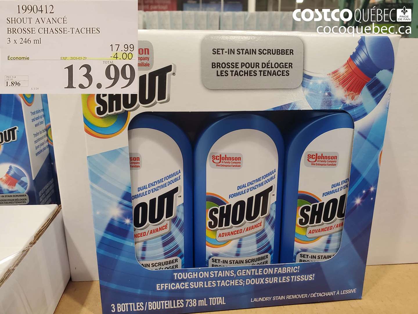 1990412 SHOUT AVANCÉ BROSSE CHASSE-TACHES 3 X 246 ML ($4.00 INSTANT SAVINGS EXPIRES ON 2026-03-29) $13.99