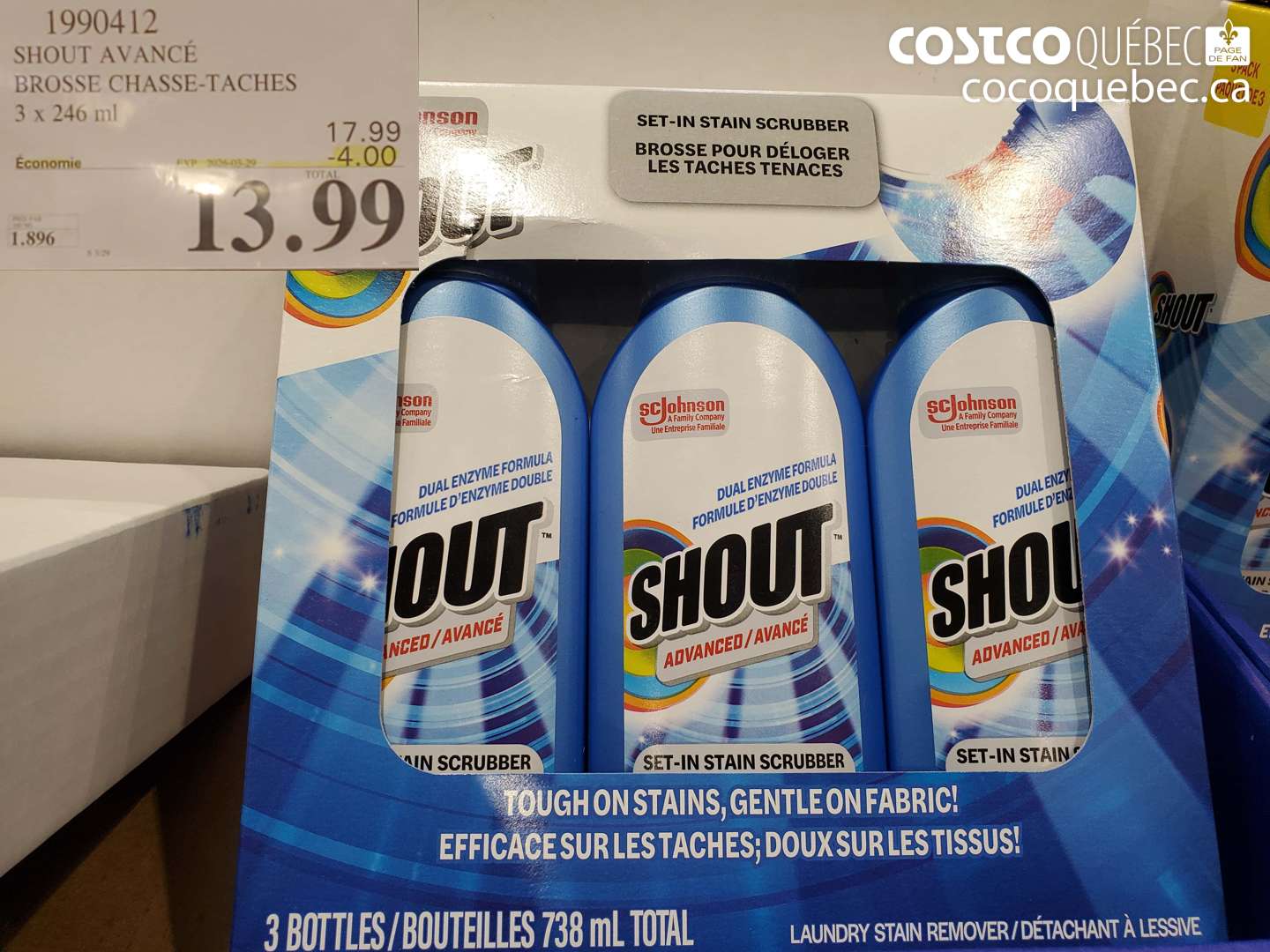 1990412 SHOUT AVANCÉ BROSSE CHASSE-TACHES 3 X 246 ML ($4.00 INSTANT SAVINGS EXPIRES ON 2026-03-26) $13.99