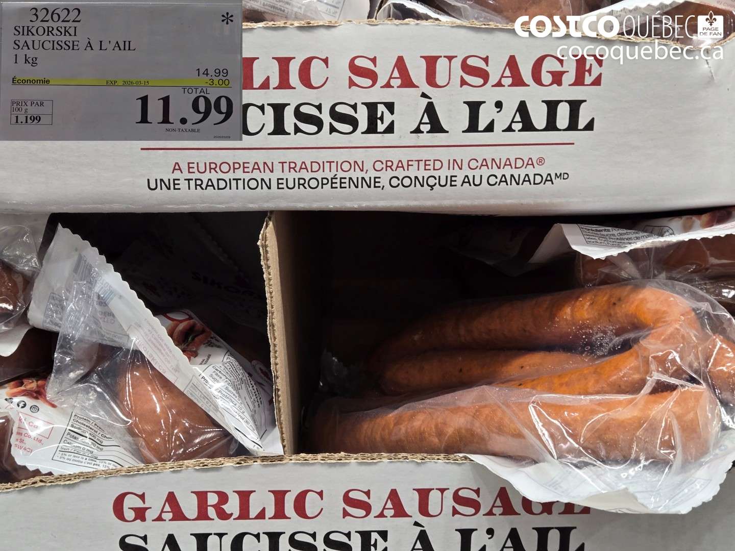 32622 SIKORSKI SAUCISSE À L'AIL 1 KG ($3.00 INSTANT SAVINGS EXPIRES ON 2026-03-15) $11.99