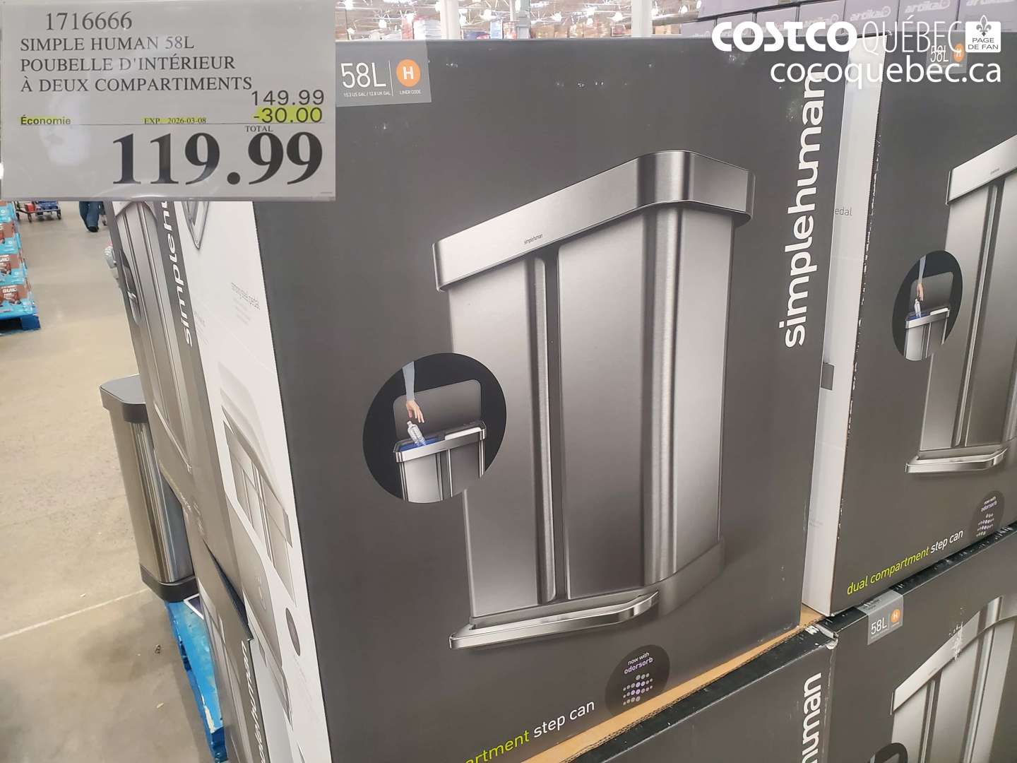 1716666 SIMPLE HUMAN 58L POUBELLE D'INTÉRIEUR À DEUX COMPARTIMENTS ($30.00 INSTANT SAVINGS EXPIRES ON 2026-03-08) $119.99