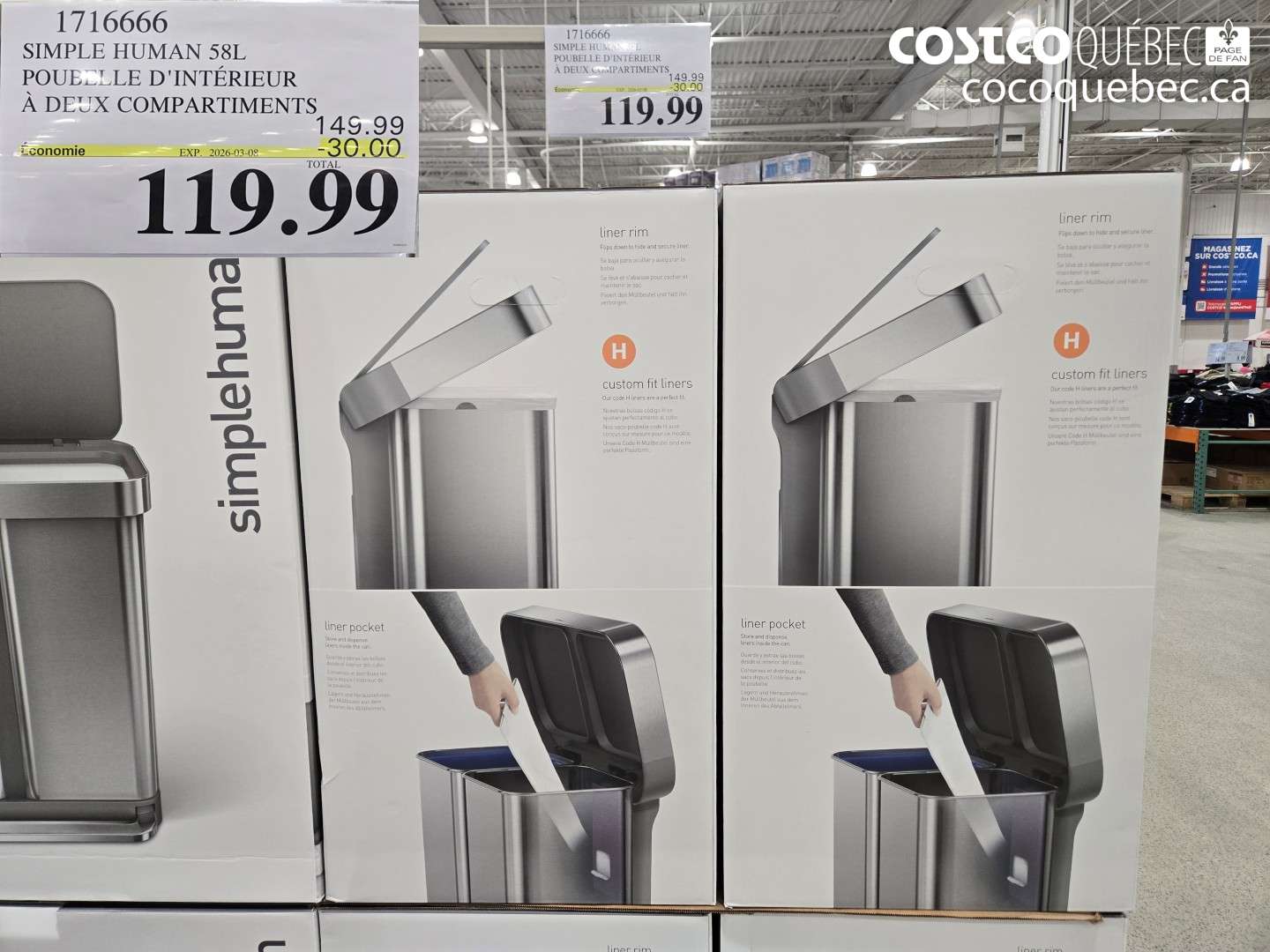 1716666 SIMPLE HUMAN 58L POUBELLE D'INTÉRIEUR À DEUX COMPARTIMENTS ($30.00 INSTANT SAVINGS EXPIRES ON 2026-03-08) $119.99