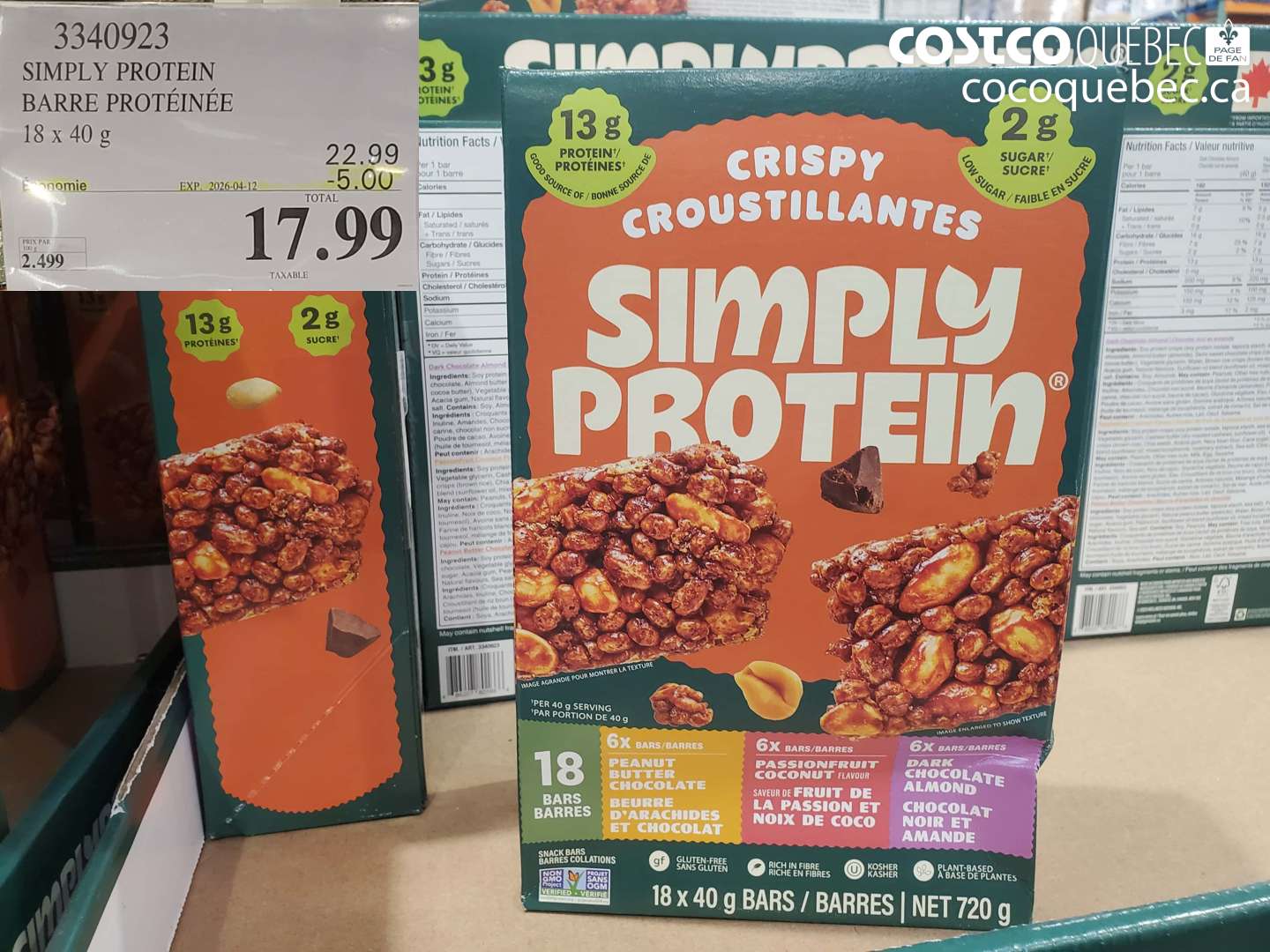 3340923 SIMPLY PROTEIN BARRE PROTEINÉE 18 X 40 G ($5.00 INSTANT SAVINGS EXPIRES ON 2026-04-12) $17.99