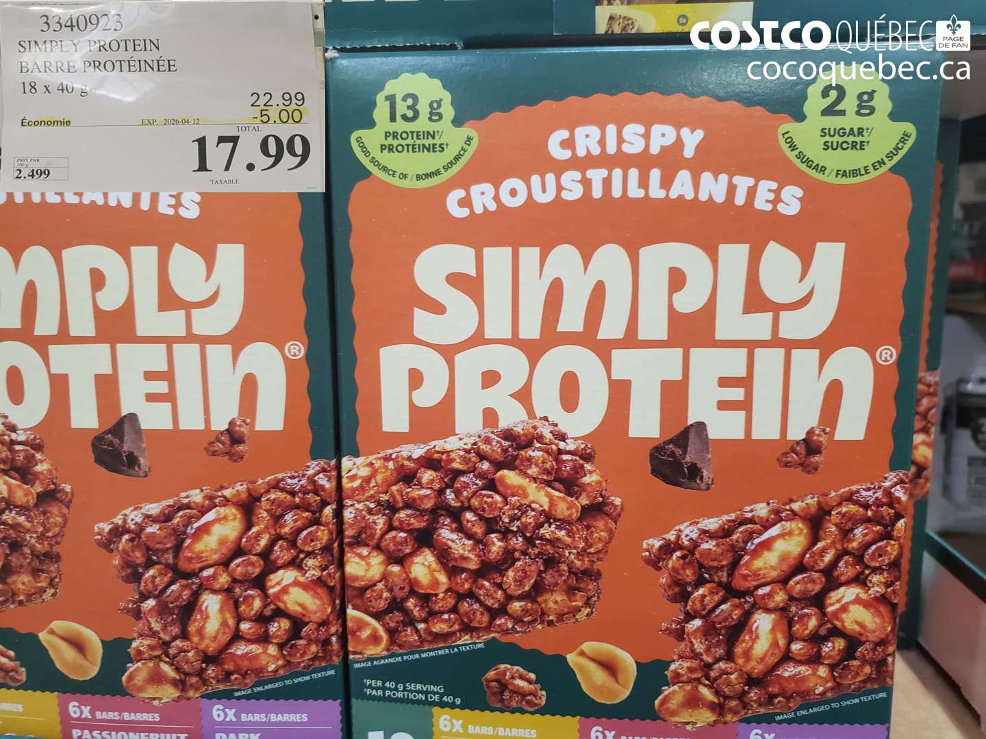 3340923 SIMPLY PROTEIN BARRE PROTÉINÉE 18 X 40 G ($5.00 INSTANT SAVINGS EXPIRES ON 2026-04-12) $17.99
