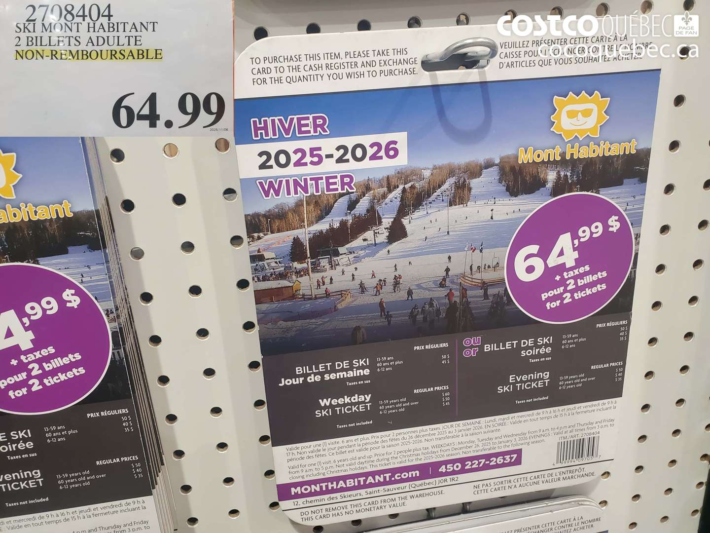 2708404 SKI MONT HABITANT 2 BILLETS ADULTE NON-REMBOURSABLE $64.99