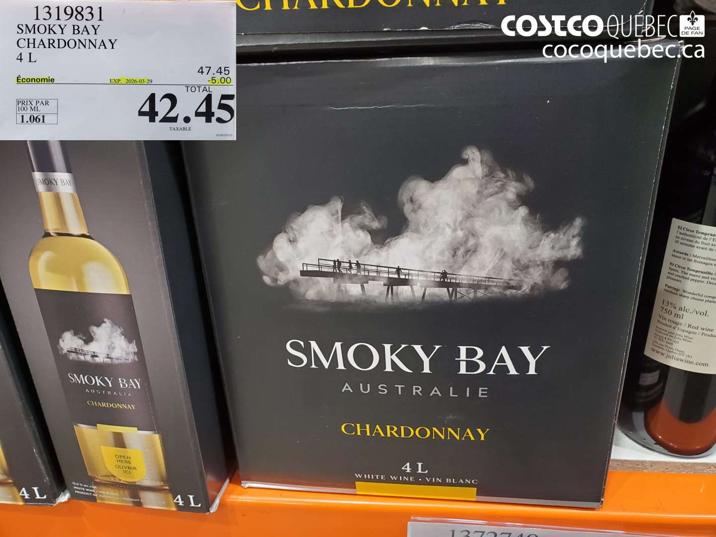 1319831 SMOKY BAY CHARDONNAY 4 L ($5.00 INSTANT SAVINGS EXPIRES ON 2026-03-29) $42.45