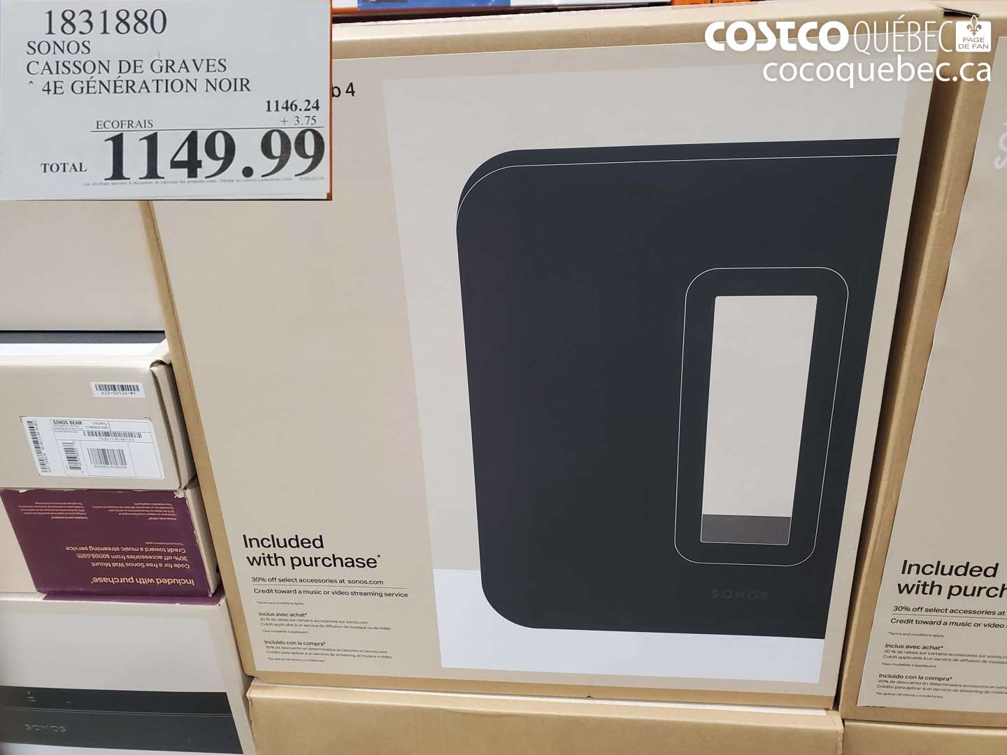 1831880 SONOS CAISSON DE GRAVES 4E GÉNÉRATION NOIR $1149.99