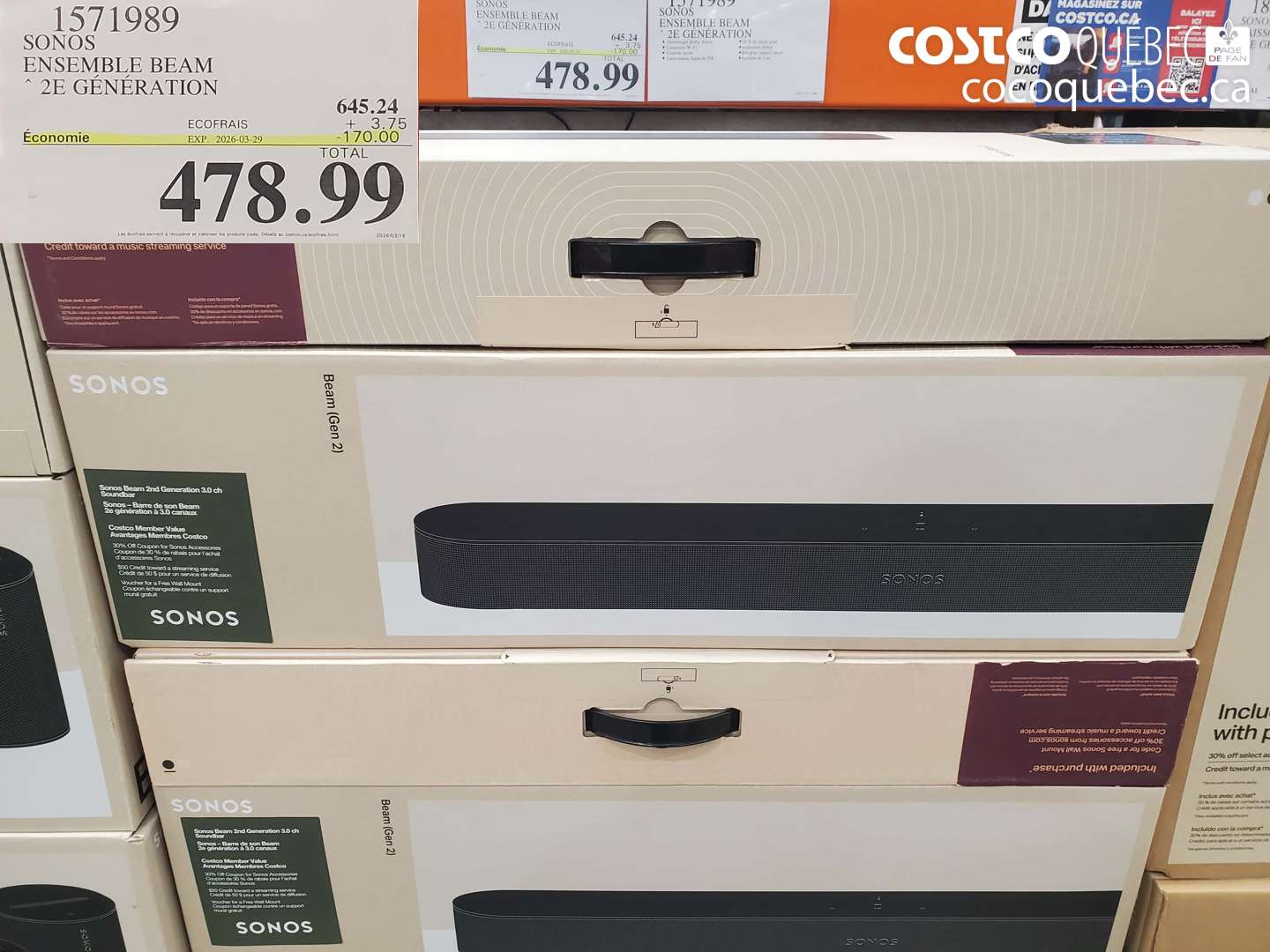 1571989 SONOS ENSEMBLE BEAM 2E GÉNÉRATION ($170.00 INSTANT SAVINGS EXPIRES ON 2026-03-29) $478.99