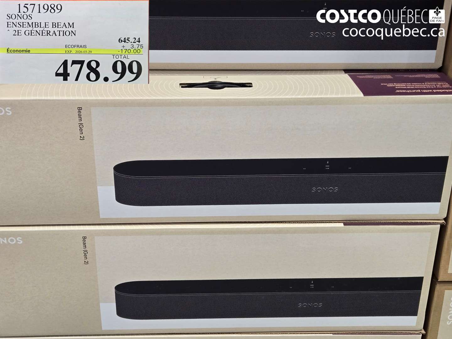 1571989 SONOS ENSEMBLE BEAM 2E GÉNÉRATION ($170.00 INSTANT SAVINGS EXPIRES ON 2026-03-29) $478.99