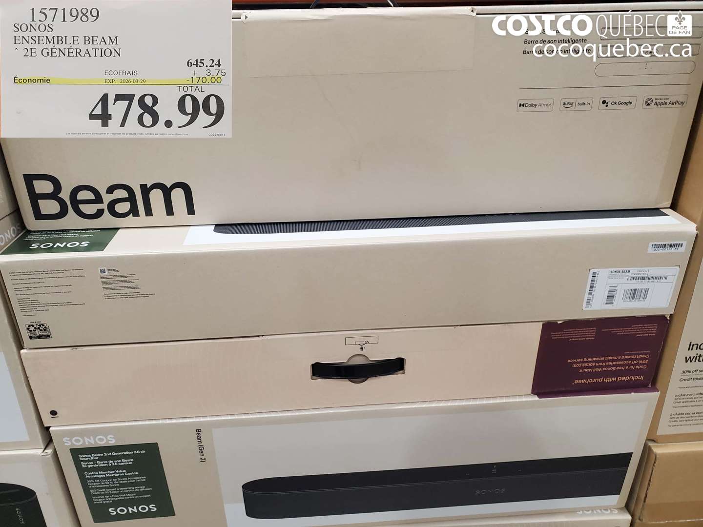 1571989 SONOS ENSEMBLE BEAM 2E GÉNÉRATION ($170.00 INSTANT SAVINGS EXPIRES ON 2026-03-29) $478.99