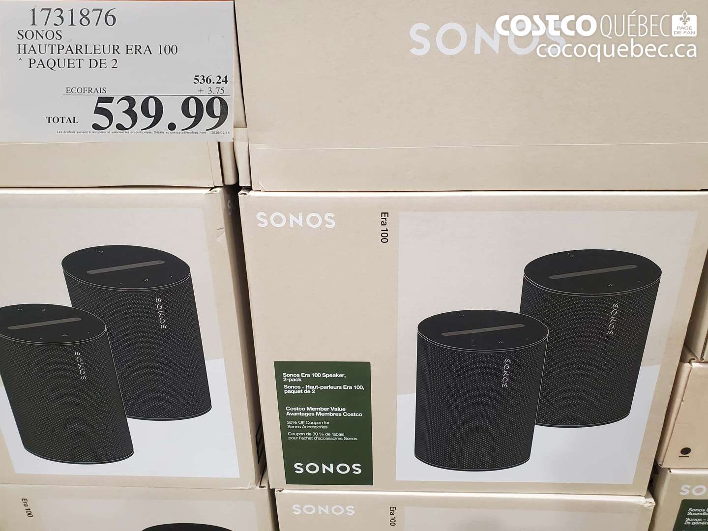 1731876 SONOS HAUTPARLEUR ERA 100 PAQUET DE 2 $539.99