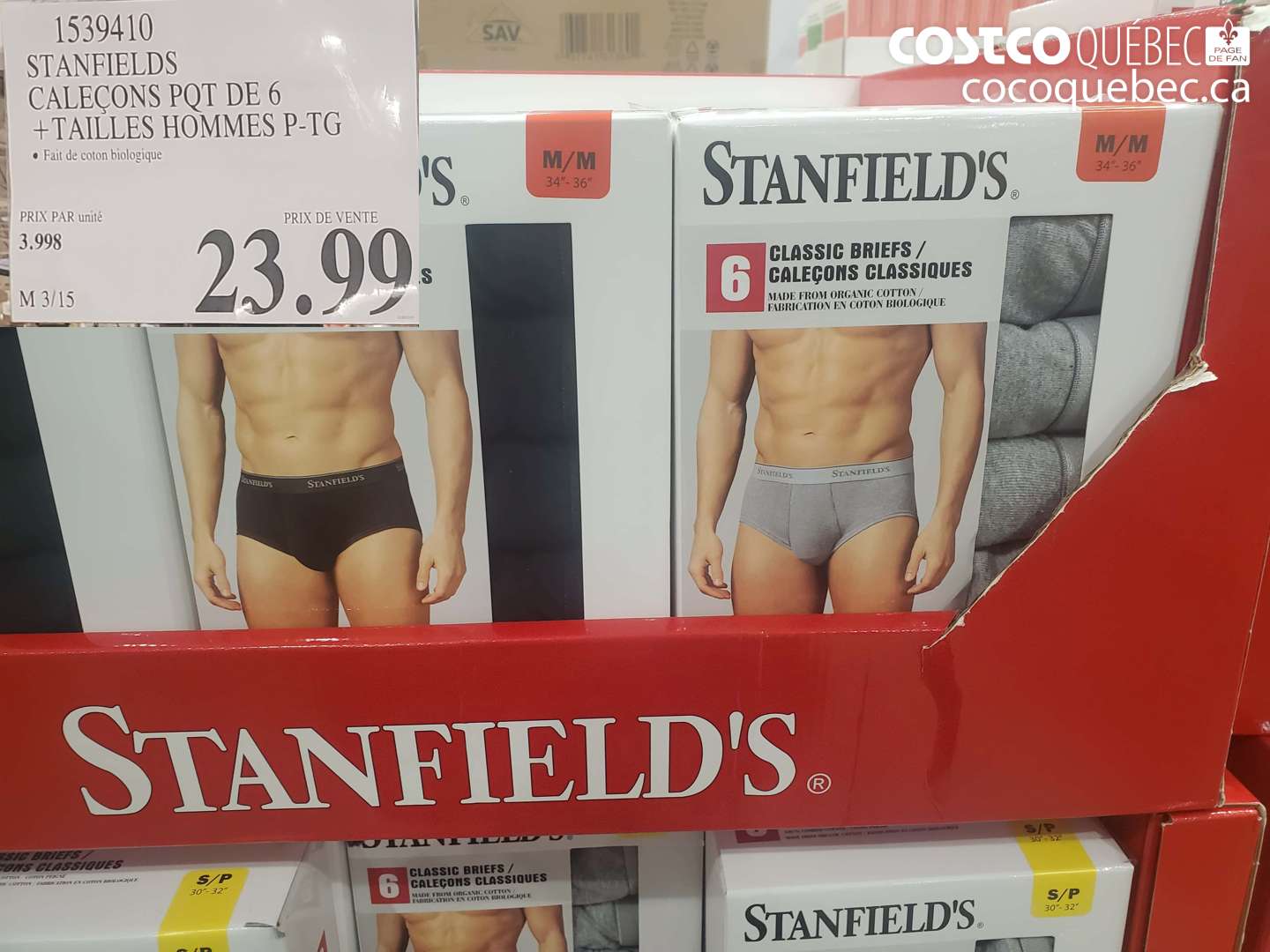 1539410 STANFIELDS CALECONS POT DE 6 + TAILLES HOMMES P-TG $23.99