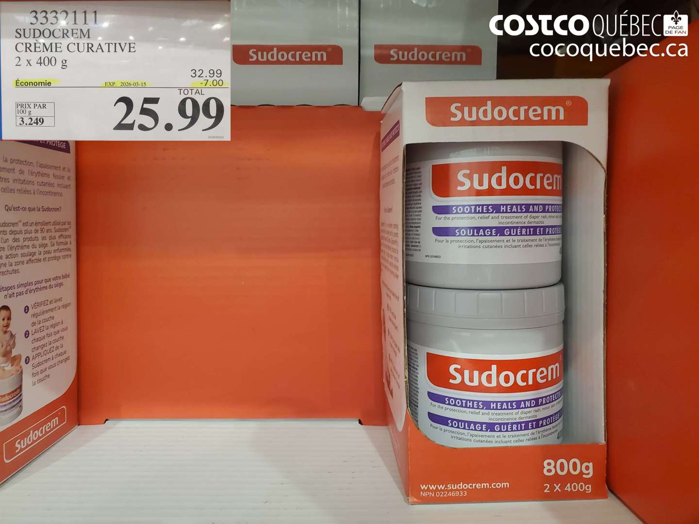 3332111 SUDOCREM CRÈME CURATIVE 2 X 400 G ($7.00 INSTANT SAVINGS EXPIRES ON 2026-03-15) $25.99