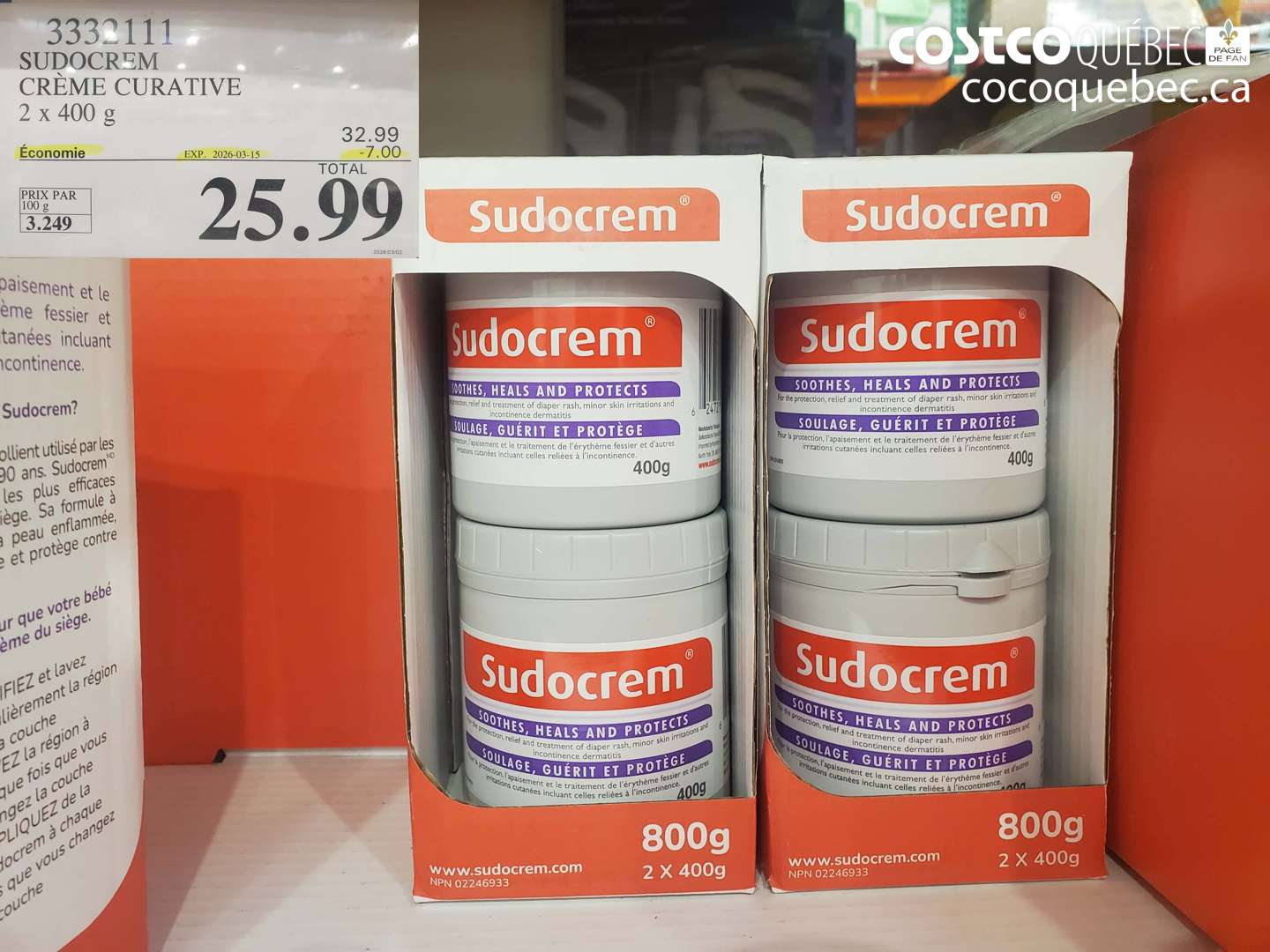 3332111 SUDOCREM CREME CURATIVE 2 X 400 G ($7.00 INSTANT SAVINGS EXPIRES ON 2026-03-15) $25.99