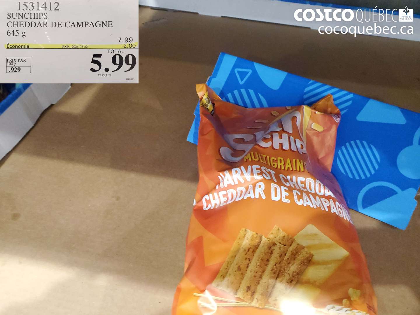 1531412 SUNCHIPS CHEDDAR DE CAMPAGNE 645 G ($2.00 INSTANT SAVINGS EXPIRES ON 2026-03-22) $5.99