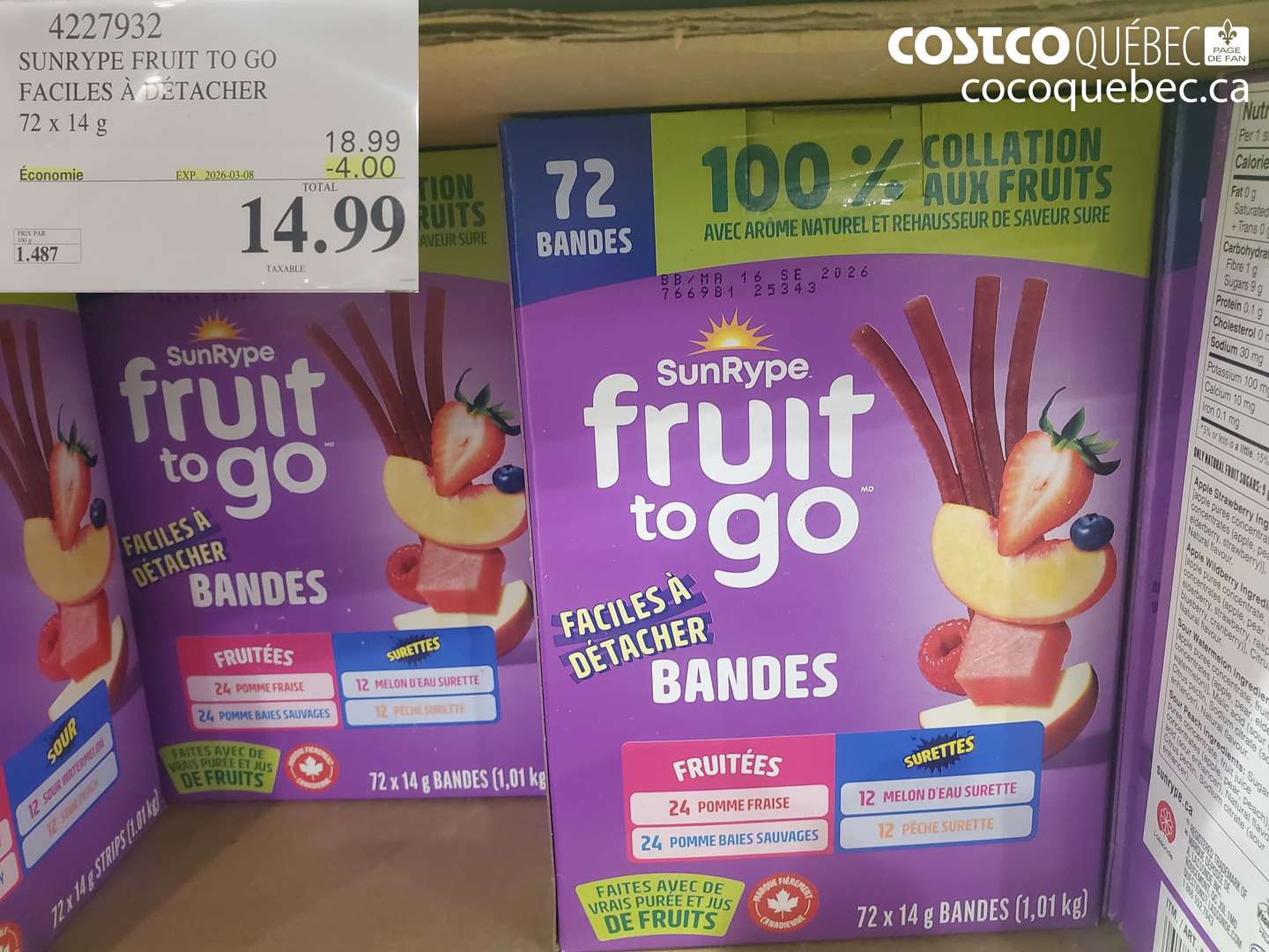 4227932 SUNRYPE FRUIT TO GO FACILES À DÉTACHER 72 X 14 G ($4.00 INSTANT SAVINGS EXPIRES ON 2026-03-08) $14.99