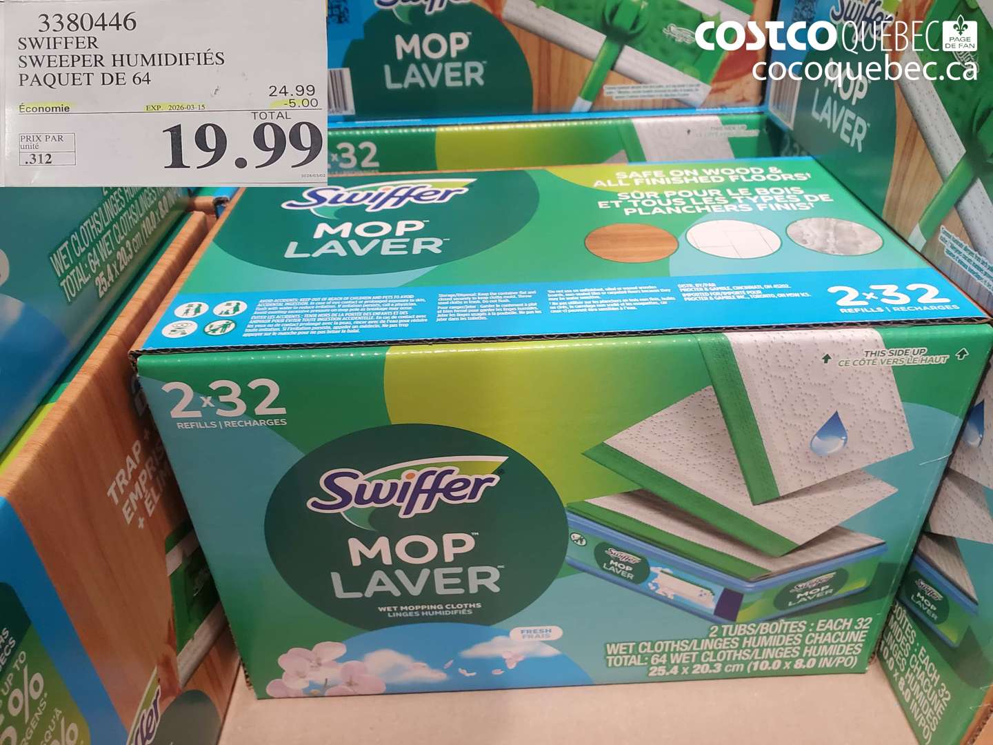 3380446 SWIFFER SWEEPER HUMIDIFIÉS PAQUET DE 64 ($5.00 INSTANT SAVINGS EXPIRES ON 2026-03-15) $19.99
