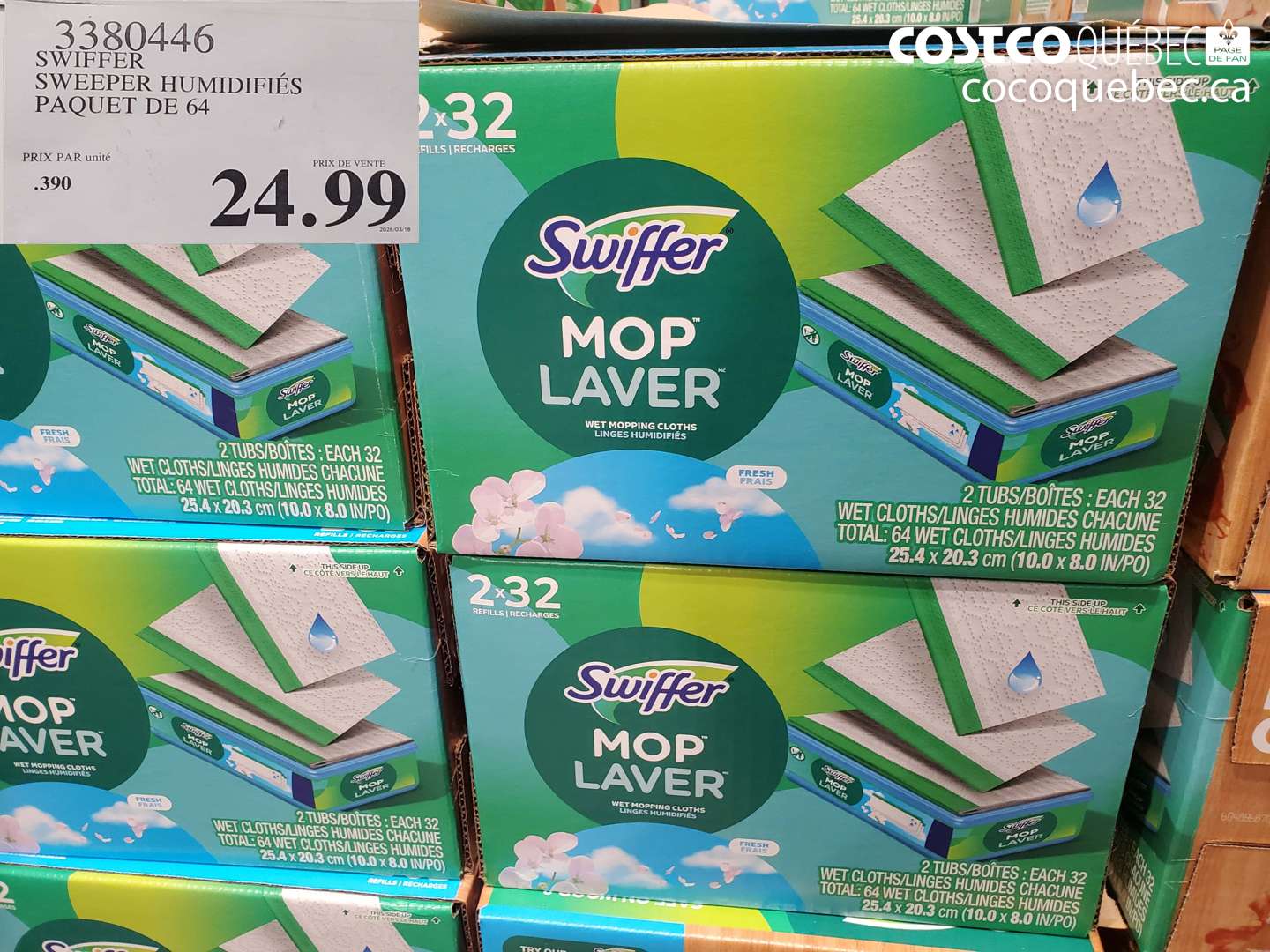 3380446 SWIFFER SWEEPER HUMIDIFIÉS PAQUET DE 64 $24.99