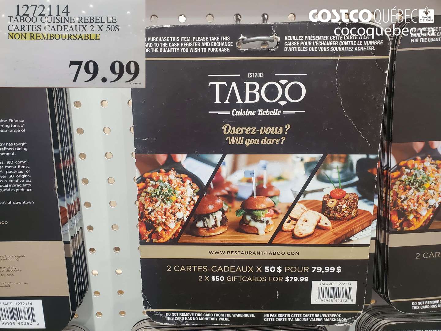 1272114 TABOO CUISINE REBELLE CARTES CADEAUX 2 X 50$ NON REMBOURSABLE $79.99