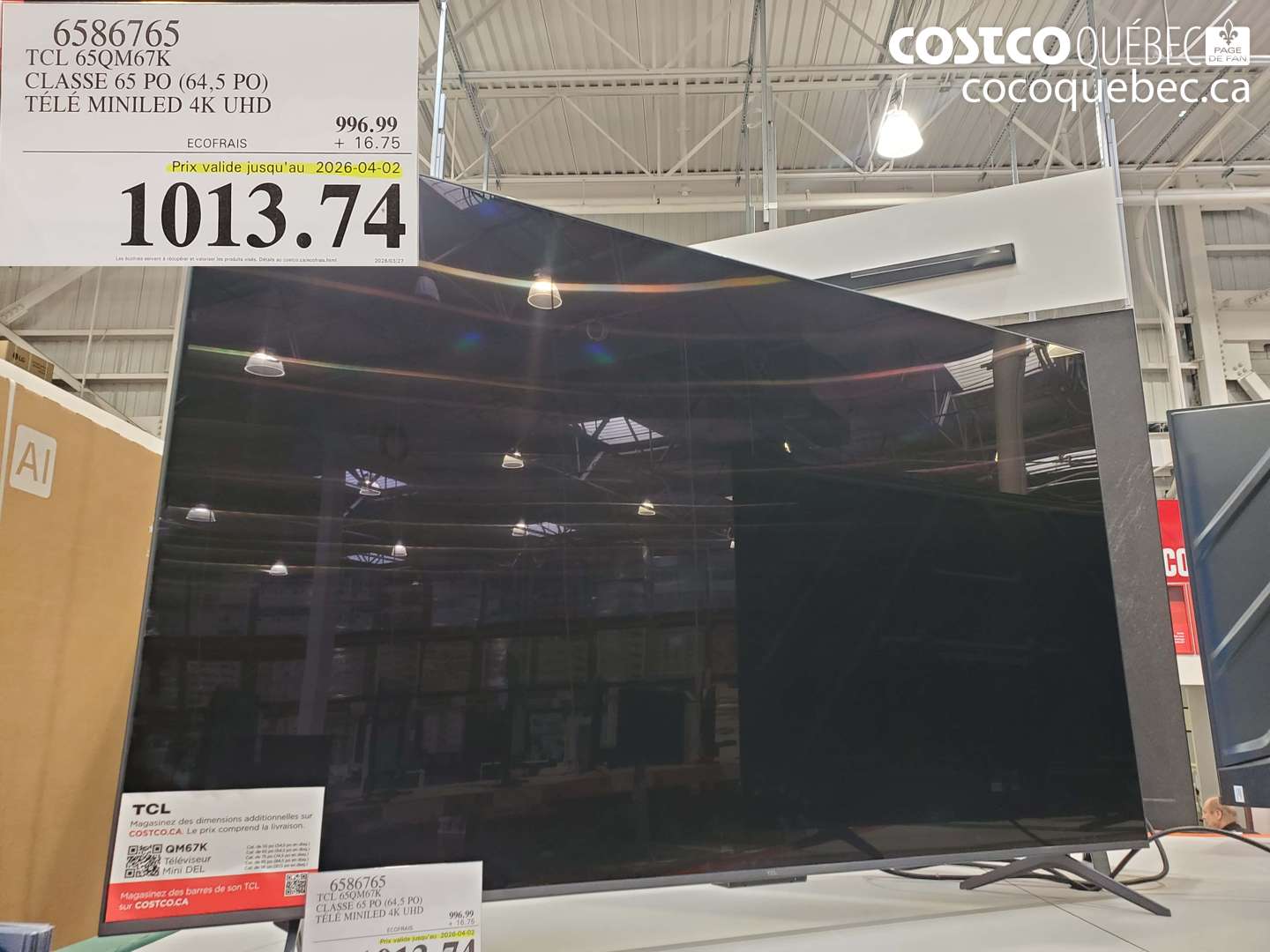 6586765 TCL 65QM67K CLASSE 65 PO (64,5 PO) TÉLÉ MINILED 4K UHD (EXPIRES ON 2026-04-02) $1013.74