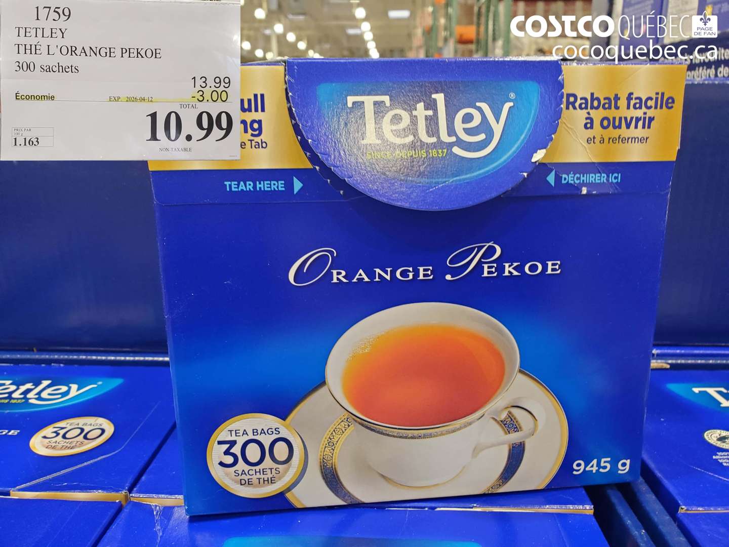 1759 TETLEY THÉ L'ORANGE PEKOE 300 SACHETS ($3.00 INSTANT SAVINGS EXPIRES ON 2026-04-12) $10.99