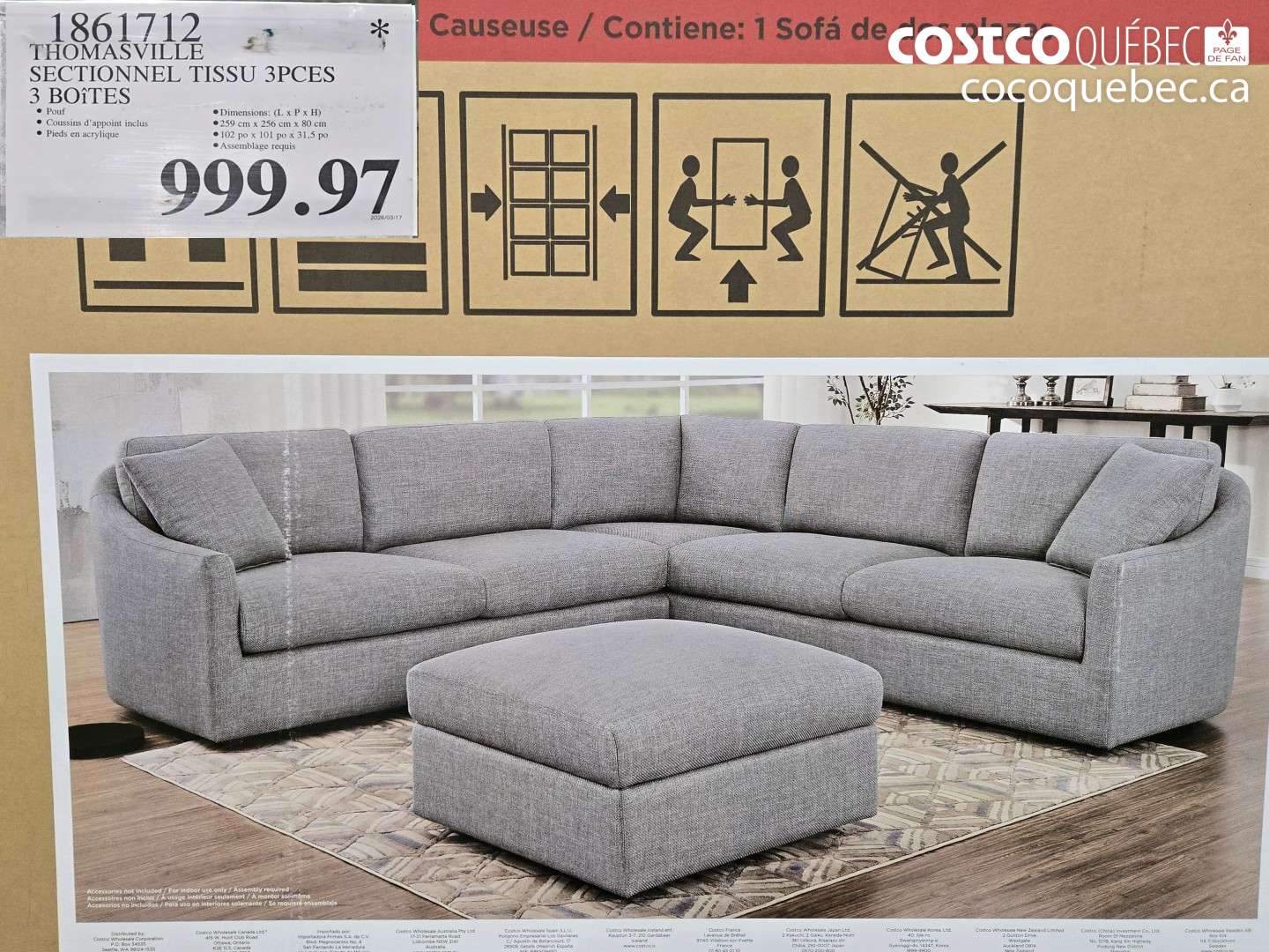 1861712 THOMASVILLE SECTIONNEL TISSU 3PCS 3 BOITES $999.97