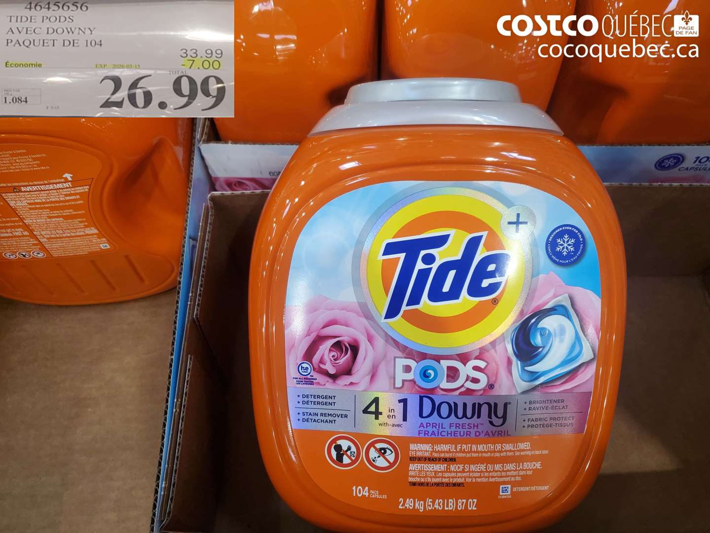 4645656 TIDE PODS AVEC DOWNY PAQUET DE 104 ($7.00 INSTANT SAVINGS EXPIRES ON 2026-03-15) $26.99